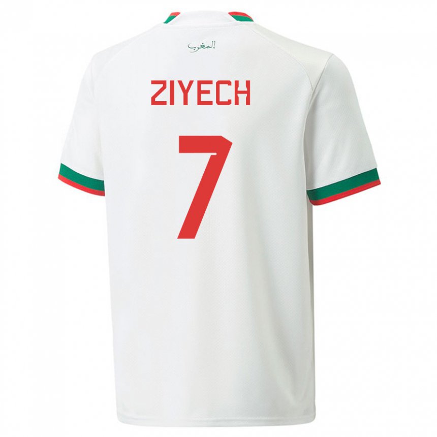 Hombre Camiseta Marruecos Hakim Ziyech #7 Blanco 2ª Equipación 22-24 La Camisa Perú