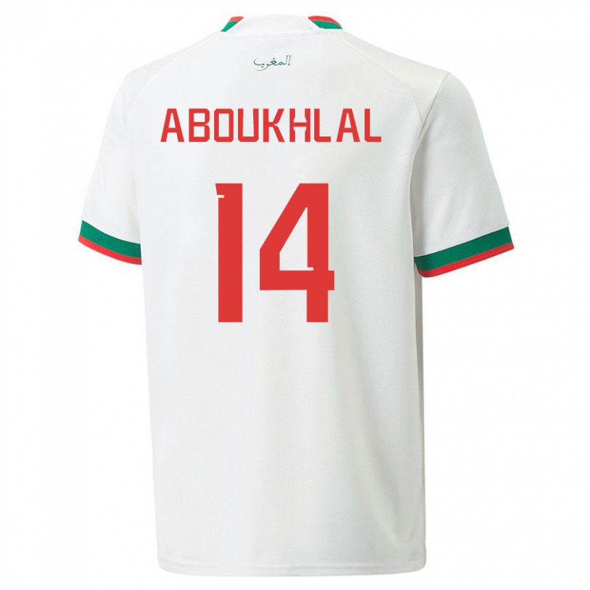 Hombre Camiseta Marruecos Zakaria Aboukhlal #14 Blanco 2ª Equipación 22-24 La Camisa Perú