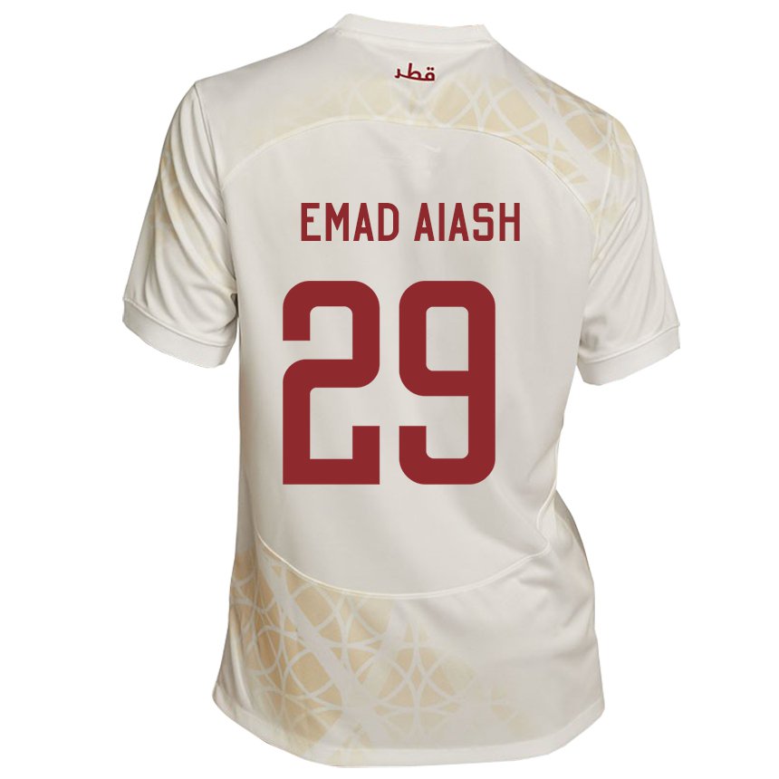 Hombre Camiseta Catar Mohamed Emad Aiash #29 Beis Dorado 2ª Equipación 22-24 La Camisa Perú