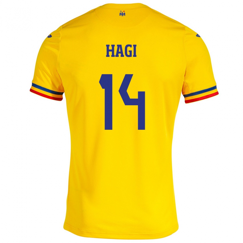 Hombre Camiseta Rumania Ianis Hagi #14 Amarillo 1ª Equipación 24-26 La Camisa Perú