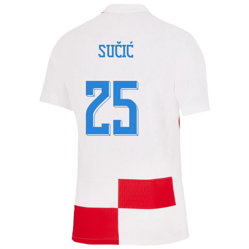 Niño Camiseta Croacia Luka Sucic #25 Blanco Rojo 1ª Equipación 24-26 La Camisa Perú
