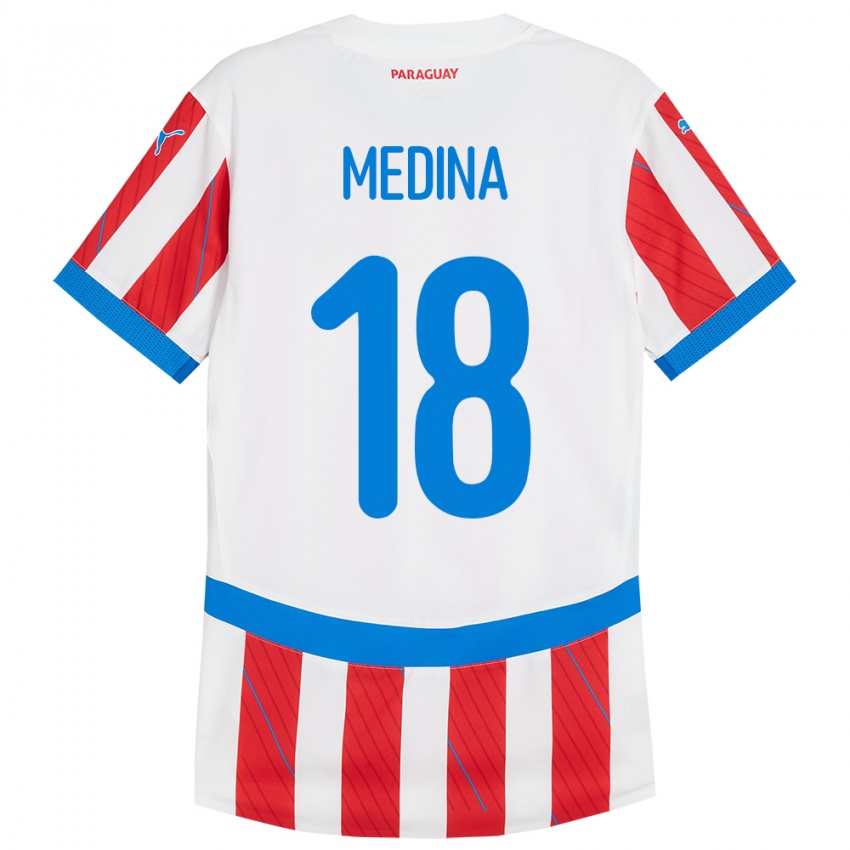 Niño Camiseta Paraguay Jesús Medina #18 Blanco Rojo 1ª Equipación 24-26 La Camisa Perú