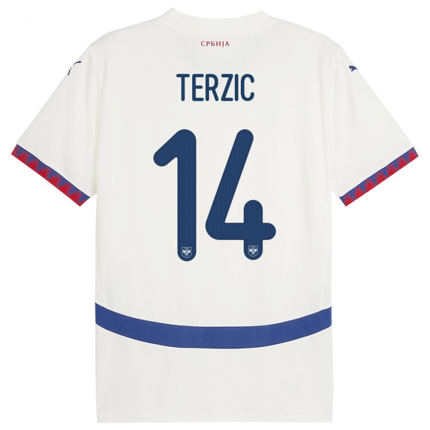 Niño Camiseta Serbia Aleksa Terzic #14 Blanco 2ª Equipación 24-26 La Camisa Perú