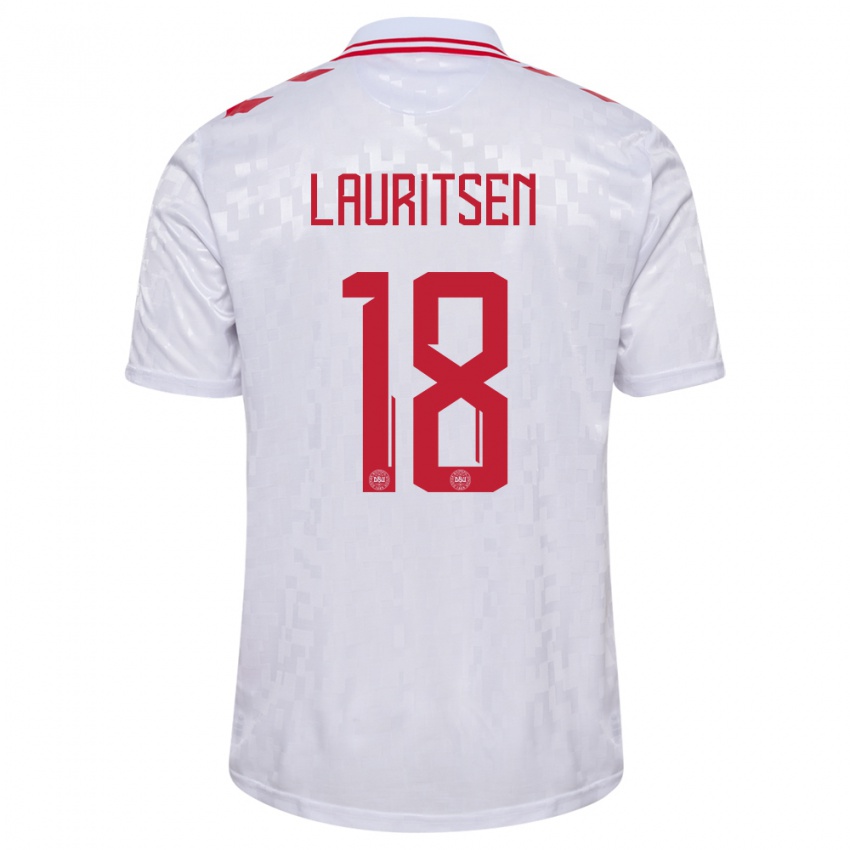 Niño Camiseta Dinamarca Tobias Lauritsen #18 Blanco 2ª Equipación 24-26 La Camisa Perú