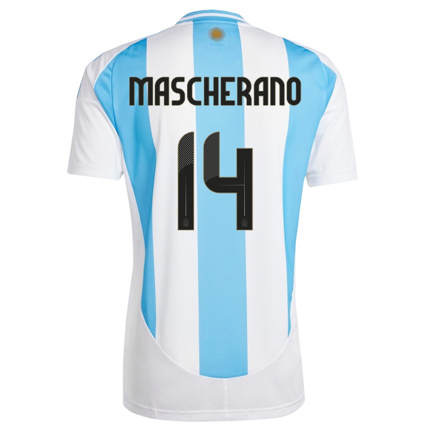 Hombre Camiseta Argentina Javier Mascherano #14 Blanco Azul 1ª Equipación 24-26 La Camisa Perú