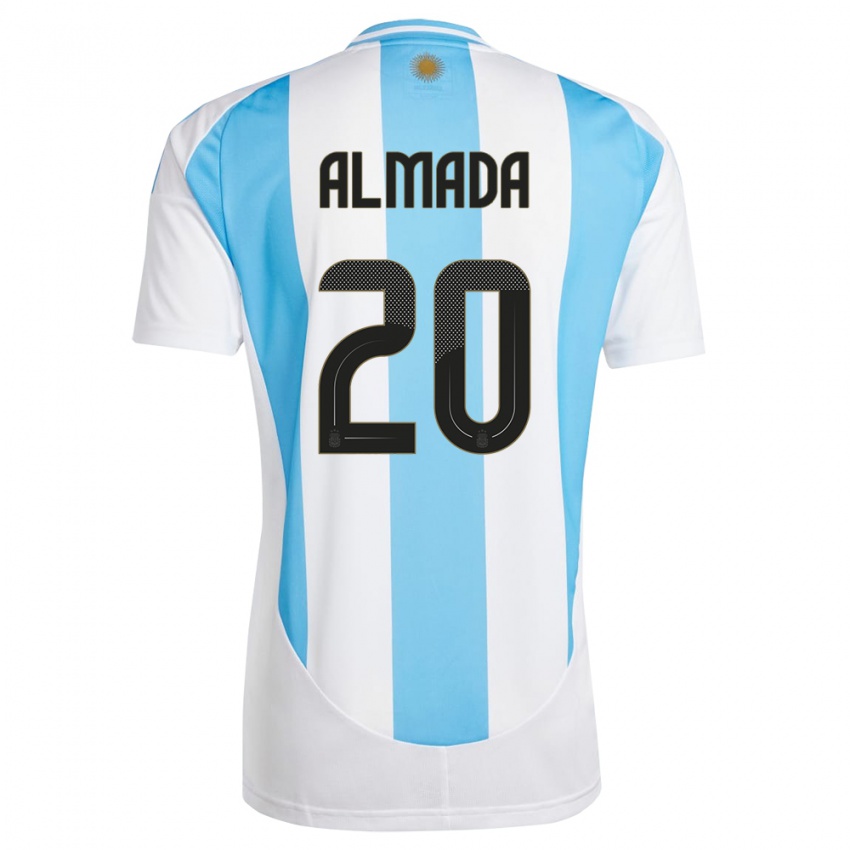 Hombre Camiseta Argentina Thiago Almada #20 Blanco Azul 1ª Equipación 24-26 La Camisa Perú