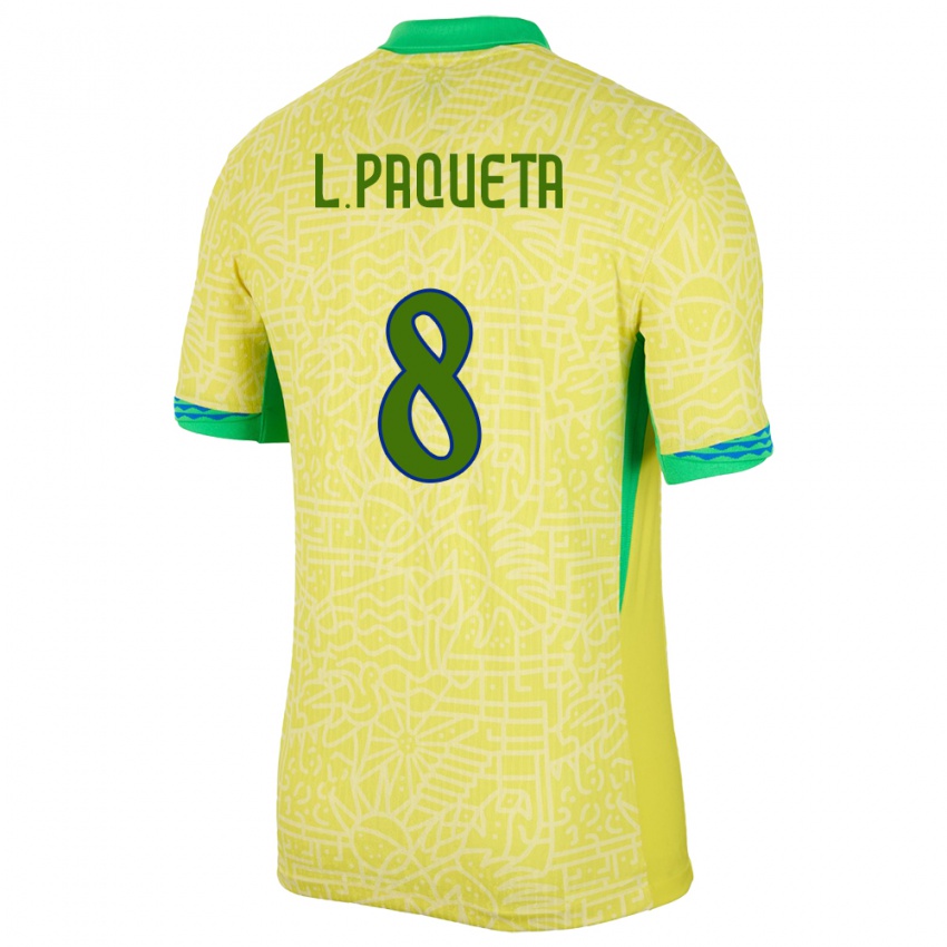 Hombre Camiseta Brasil Lucas Paqueta #8 Amarillo 1ª Equipación 24-26 La Camisa Perú