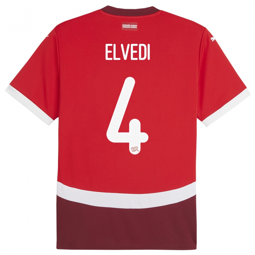 Hombre Camiseta Suiza Nico Elvedi #4 Rojo 1ª Equipación 24-26 La Camisa Perú