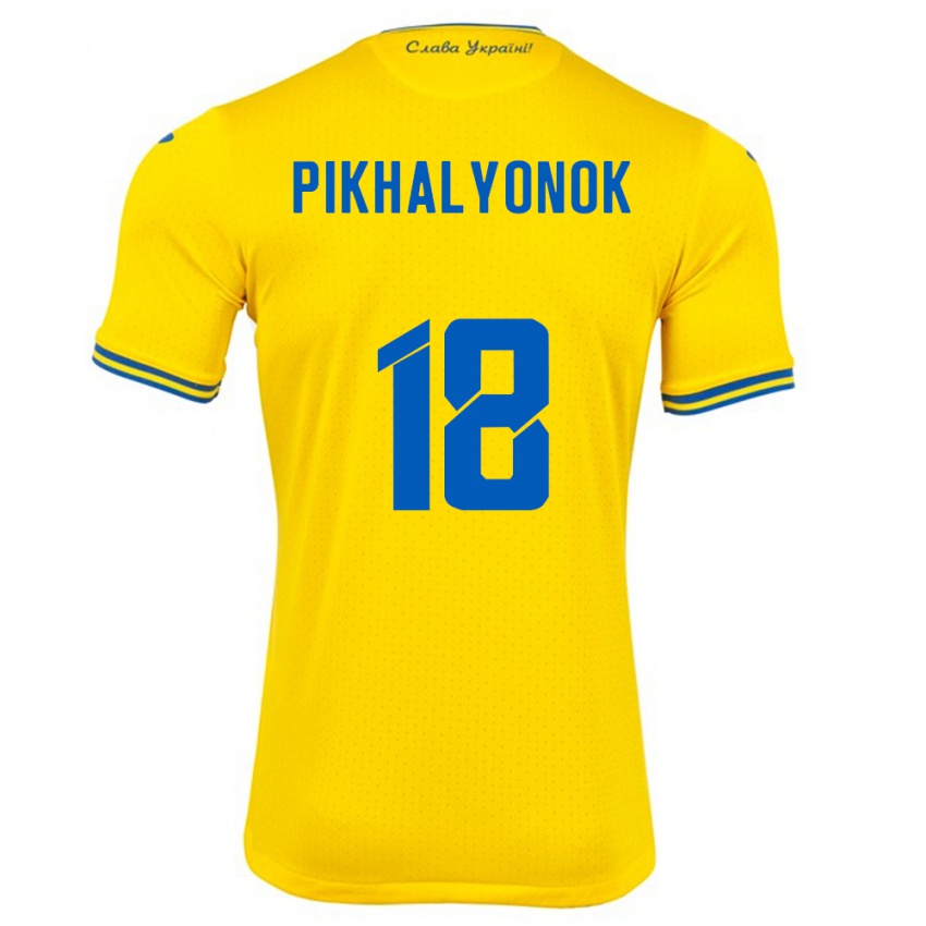 Hombre Camiseta Ucrania Oleksandr Pikhalyonok #18 Amarillo 1ª Equipación 24-26 La Camisa Perú