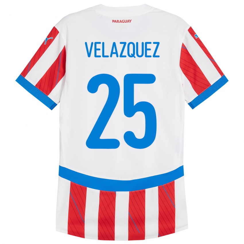 Hombre Camiseta Paraguay Gustavo Velázquez #25 Blanco Rojo 1ª Equipación 24-26 La Camisa Perú