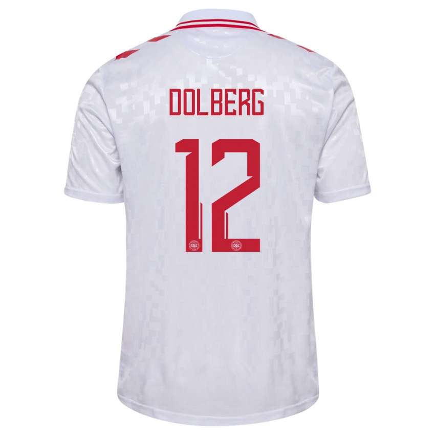 Hombre Camiseta Dinamarca Kasper Dolberg #12 Blanco 2ª Equipación 24-26 La Camisa Perú