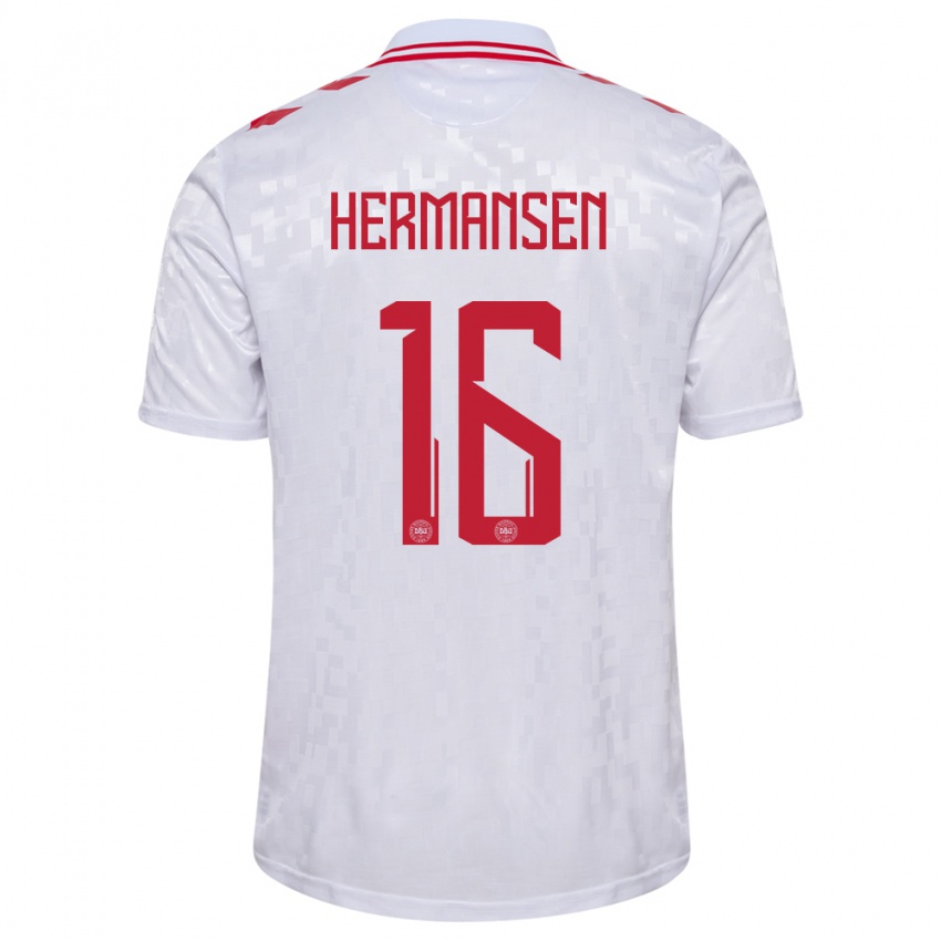 Hombre Camiseta Dinamarca Mads Hermansen #16 Blanco 2ª Equipación 24-26 La Camisa Perú