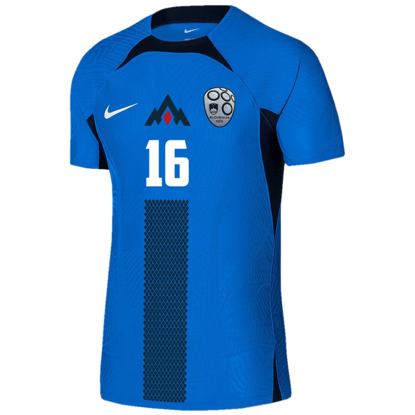 Hombre Camiseta Eslovenia Kristjan Bendra #16 Azul 2ª Equipación 24-26 La Camisa Perú