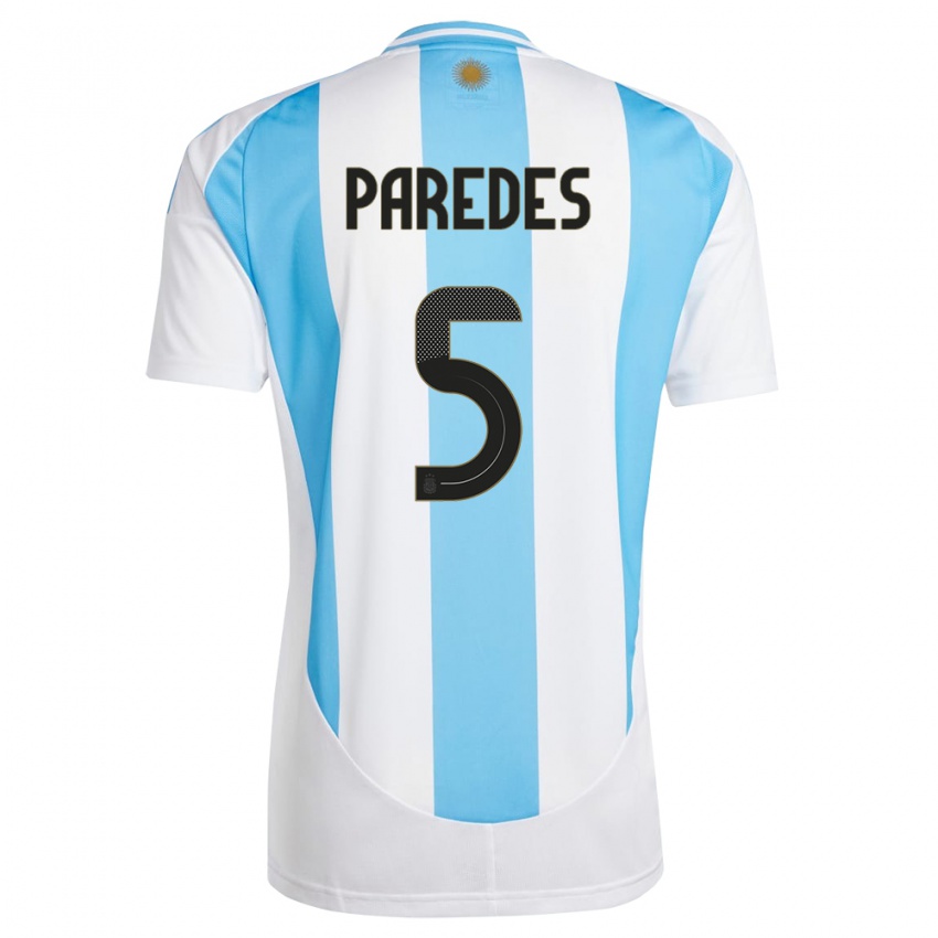 Mujer Camiseta Argentina Leandro Paredes #5 Blanco Azul 1ª Equipación 24-26 La Camisa Perú