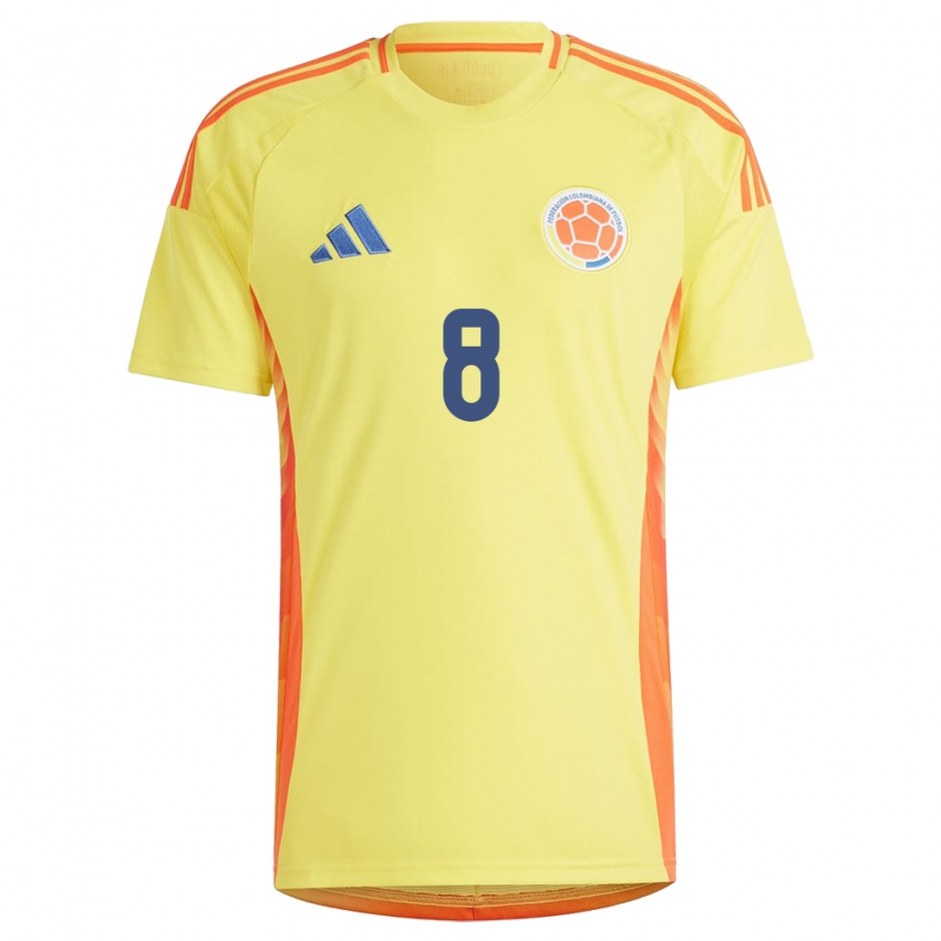 Mujer Camiseta Colombia Juan David Obando #8 Amarillo 1ª Equipación 24-26 La Camisa Perú