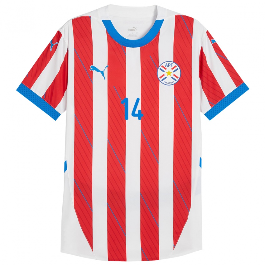 Mujer Camiseta Paraguay Fernando Román #14 Blanco Rojo 1ª Equipación 24-26 La Camisa Perú