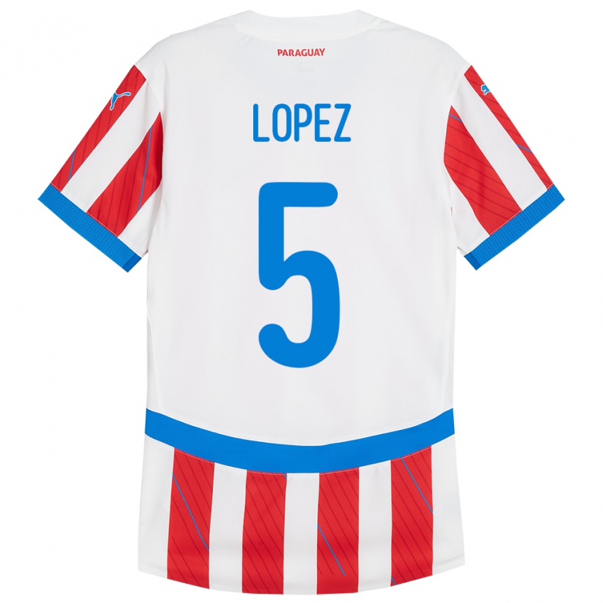 Mujer Camiseta Paraguay Óscar López #5 Blanco Rojo 1ª Equipación 24-26 La Camisa Perú