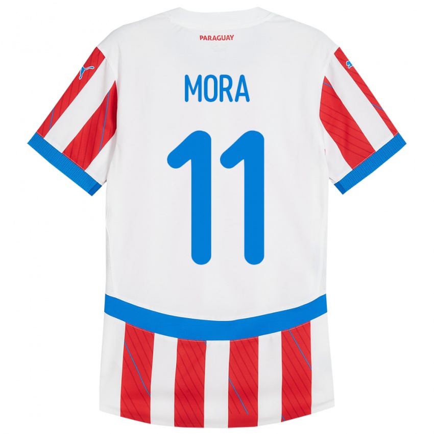 Mujer Camiseta Paraguay Jorge Mora #11 Blanco Rojo 1ª Equipación 24-26 La Camisa Perú
