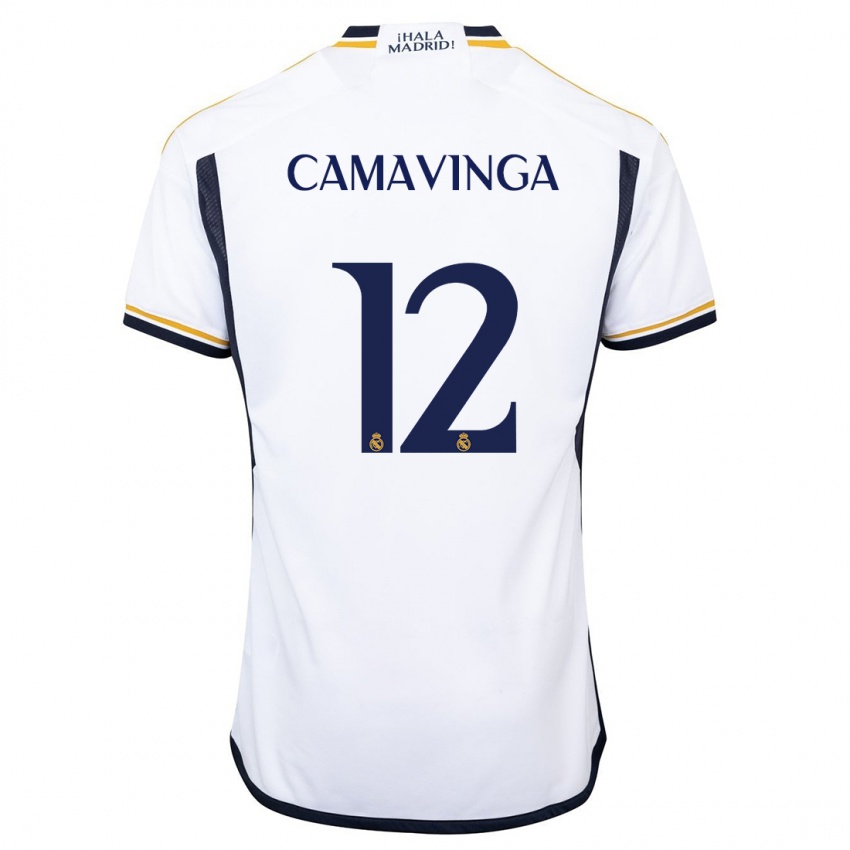 Niño Camiseta Eduardo Camavinga #12 Blanco 1ª Equipación 2023/24 La Camisa Perú