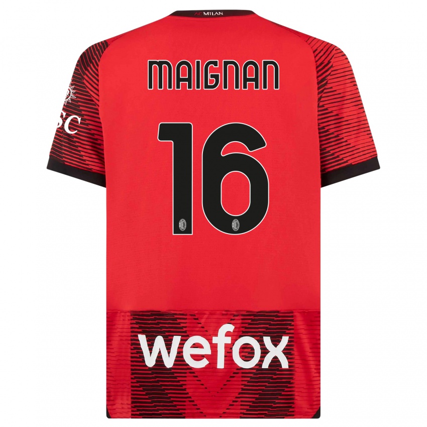 Niño Camiseta Mike Maignan #16 Negro Rojo 1ª Equipación 2023/24 La Camisa Perú