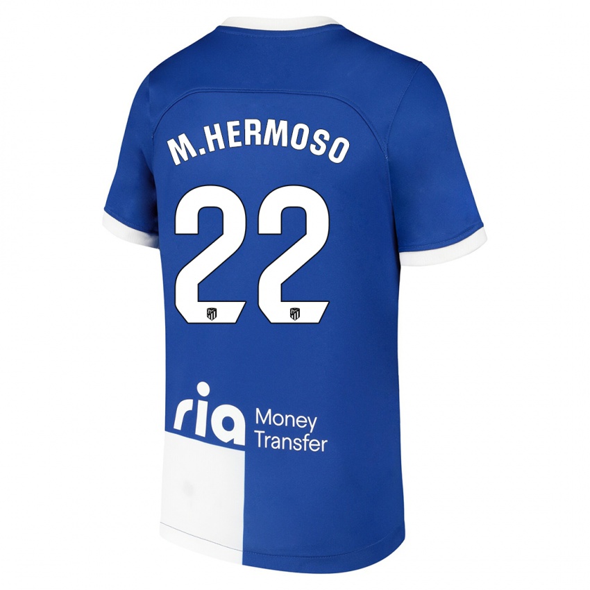 Niño Camiseta Mario Hermoso #22 Azul Blanco 2ª Equipación 2023/24 La Camisa Perú