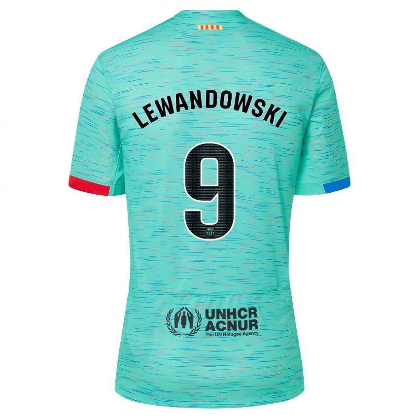 Niño Camiseta Robert Lewandowski #9 Aguamarina Clara Equipación Tercera 2023/24 La Camisa Perú