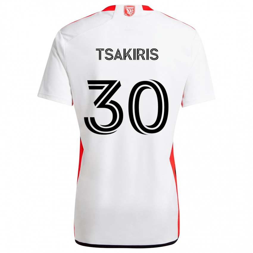 Niño Camiseta Niko Tsakiris #30 Blanco Rojo 2ª Equipación 2024/25 La Camisa Perú