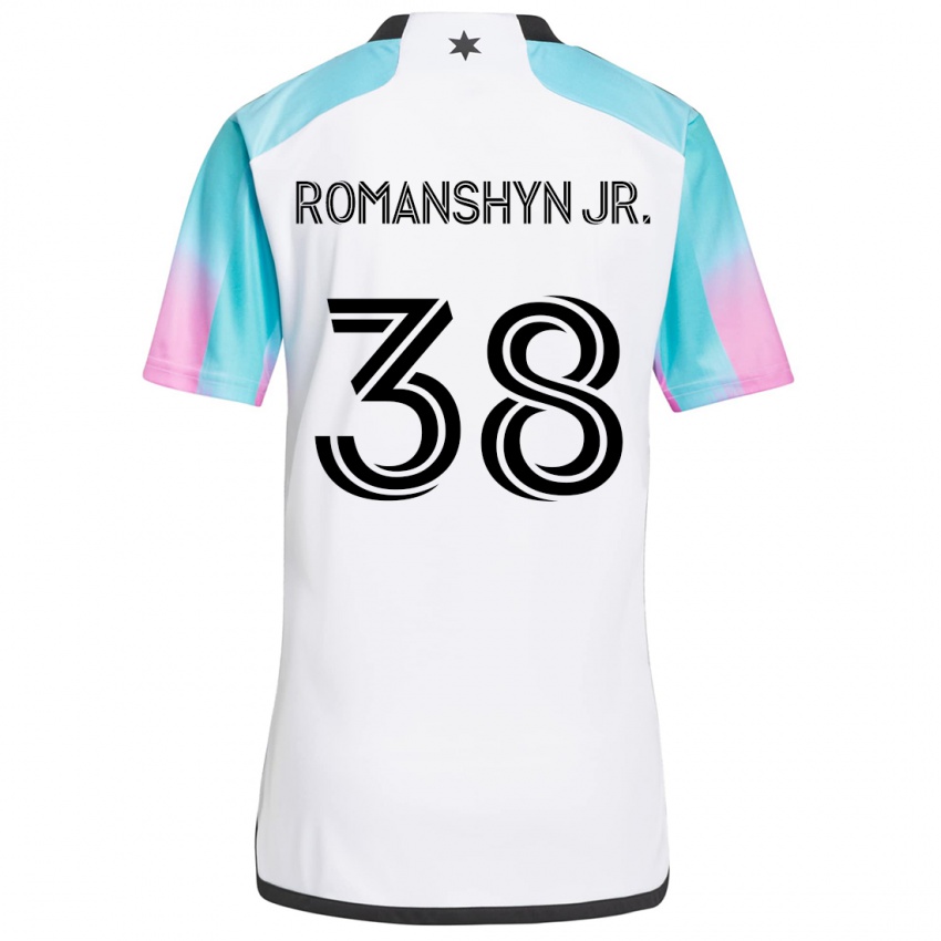 Hombre Camiseta Kage Romanshyn Jr. #38 Blanco Azul Negro 2ª Equipación 2024/25 La Camisa Perú