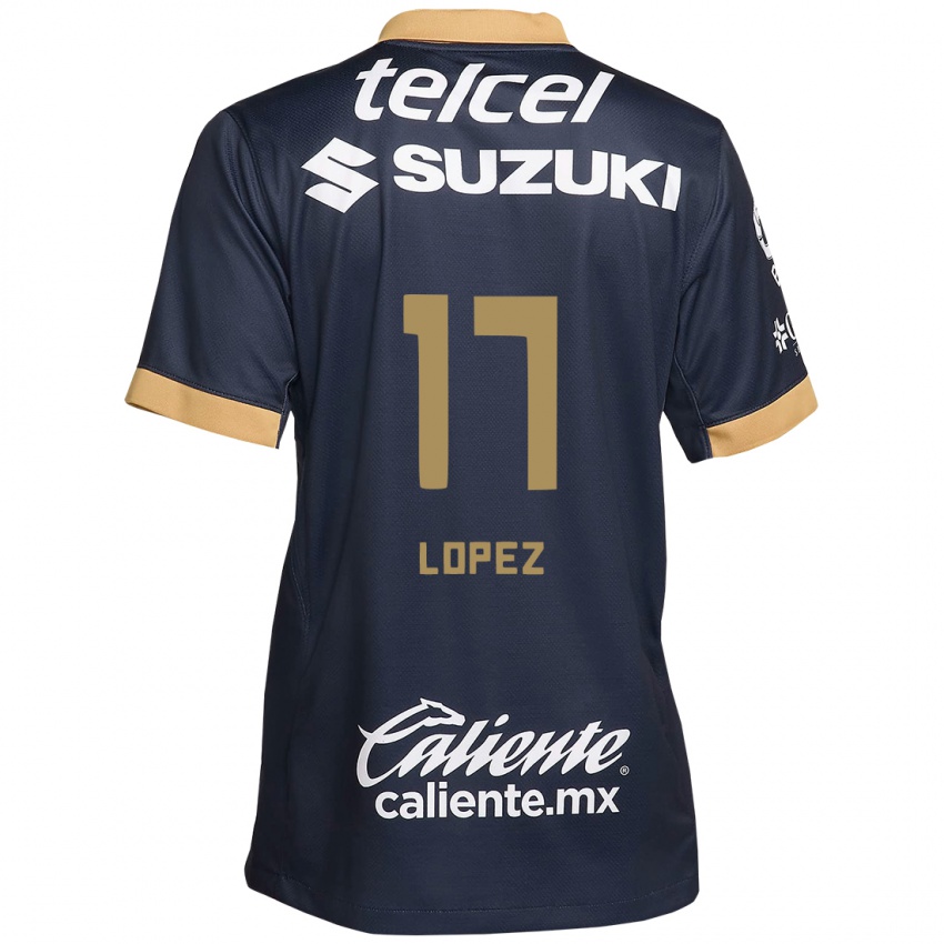 Niño Camiseta Leonel Lopez #17 Obsidiana Dorada Blanca 2ª Equipación 2024/25 La Camisa Perú