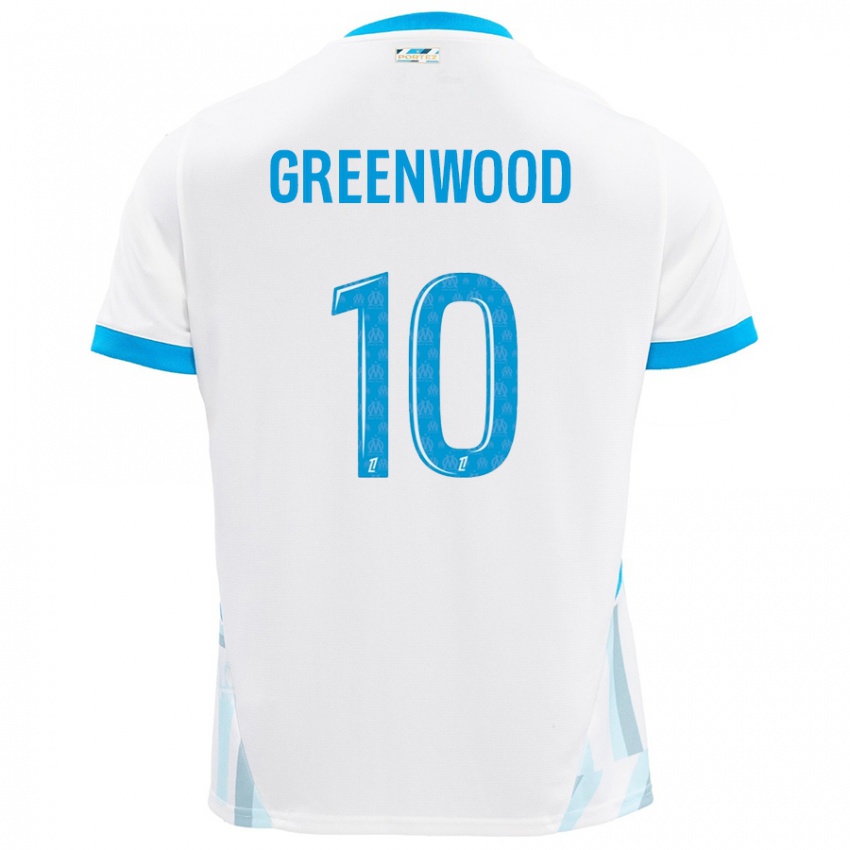 Niño Camiseta Mason Greenwood #10 Blanco Azul Cielo 1ª Equipación 2024/25 La Camisa Perú