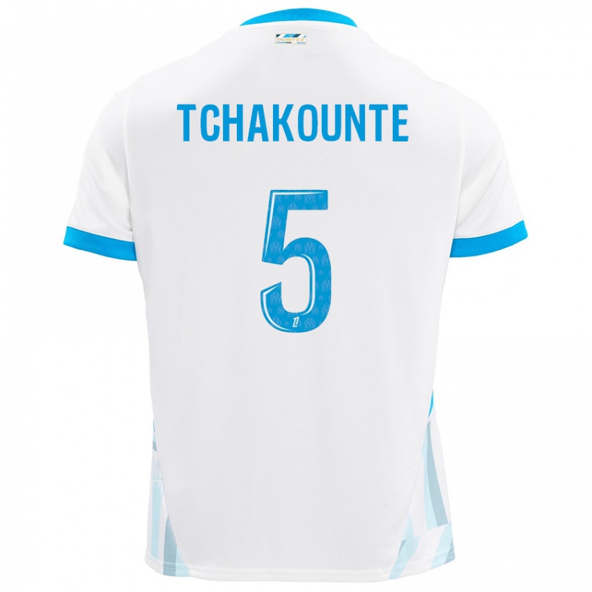 Niño Camiseta Annaëlle Tchakounté #5 Blanco Azul Cielo 1ª Equipación 2024/25 La Camisa Perú