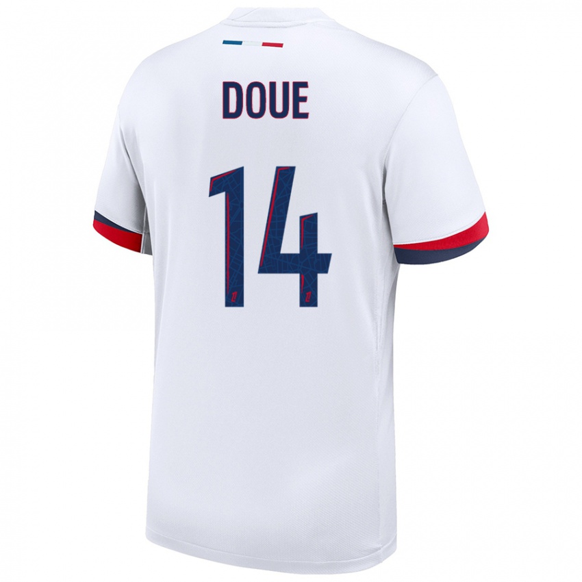 Niño Camiseta Désiré Doué #14 Blanco Azul Rojo 2ª Equipación 2024/25 La Camisa Perú