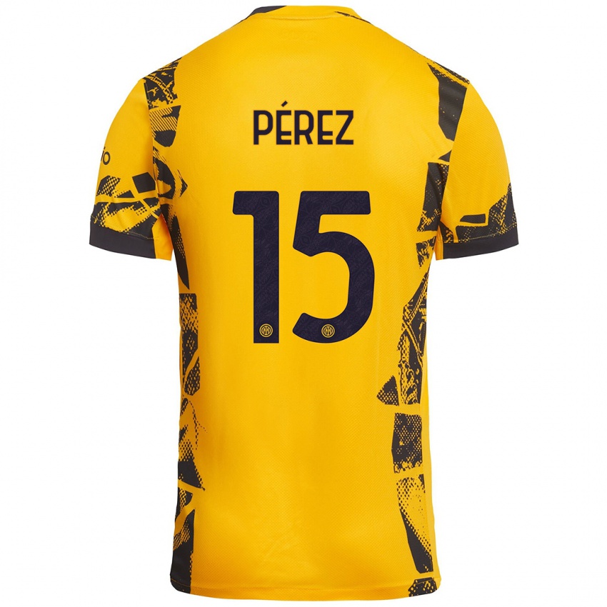 Niño Camiseta Álex Pérez #15 Dorado Negro Equipación Tercera 2024/25 La Camisa Perú