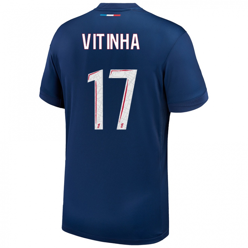 Hombre Camiseta Vitinha #17 Azul Marino Blanco 1ª Equipación 2024/25 La Camisa Perú