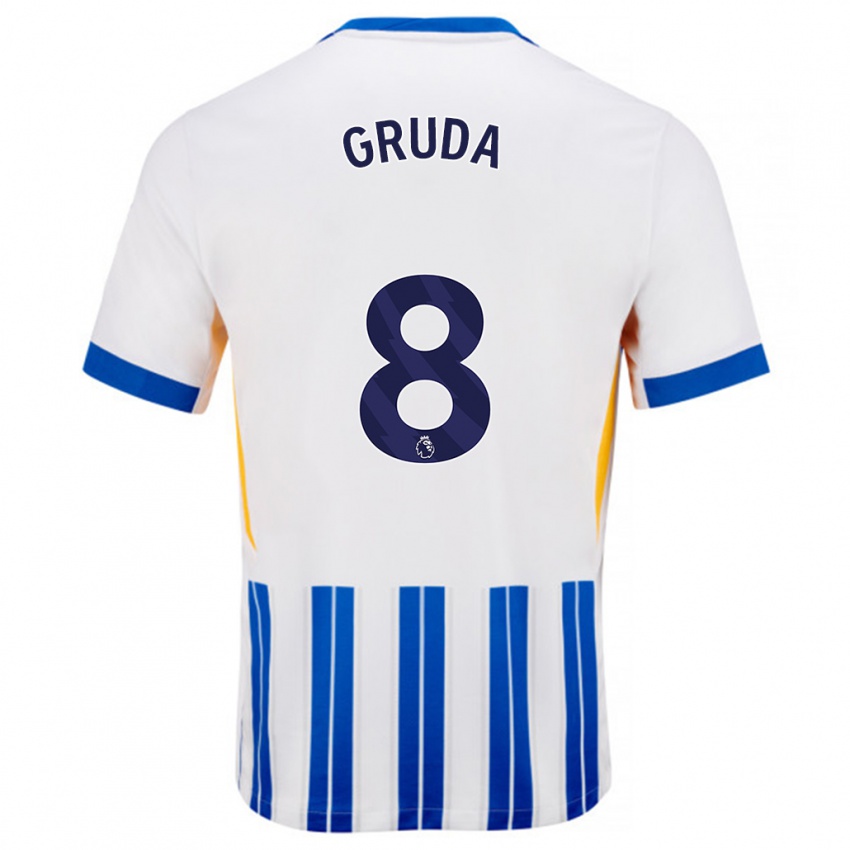 Niño Camiseta Brajan Gruda #8 Blanco Azul Rayas 1ª Equipación 2024/25 La Camisa Perú