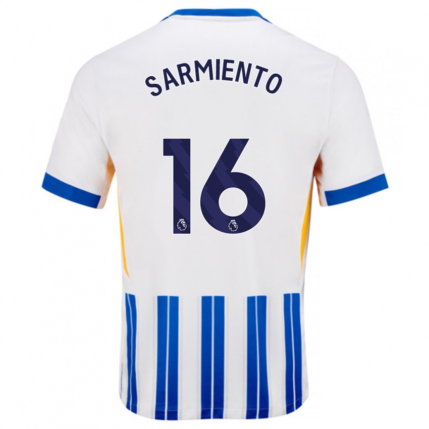 Niño Camiseta Jeremy Sarmiento #16 Blanco Azul Rayas 1ª Equipación 2024/25 La Camisa Perú