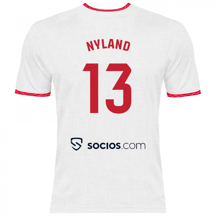 Niño Camiseta Ørjan Nyland #13 Blanco Rojo 1ª Equipación 2024/25 La Camisa Perú