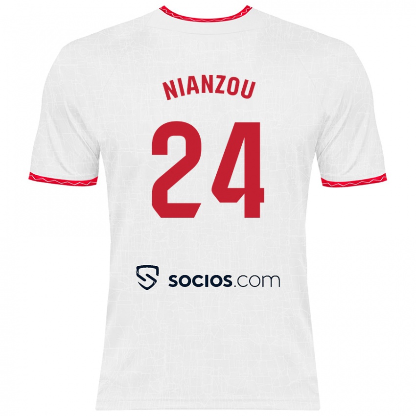 Niño Camiseta Tanguy Nianzou #24 Blanco Rojo 1ª Equipación 2024/25 La Camisa Perú