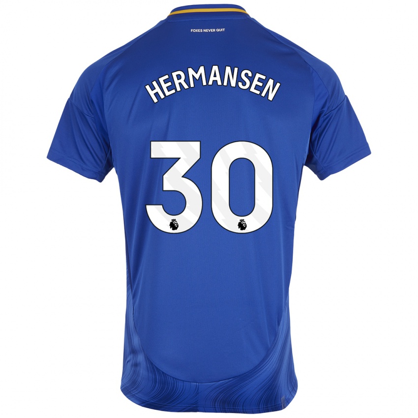 Hombre Camiseta Mads Hermansen #30 Azul Blanco 1ª Equipación 2024/25 La Camisa Perú