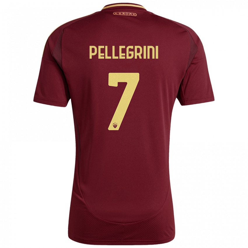 Niño Camiseta Lorenzo Pellegrini #7 Rojo Marrón Dorado 1ª Equipación 2024/25 La Camisa Perú