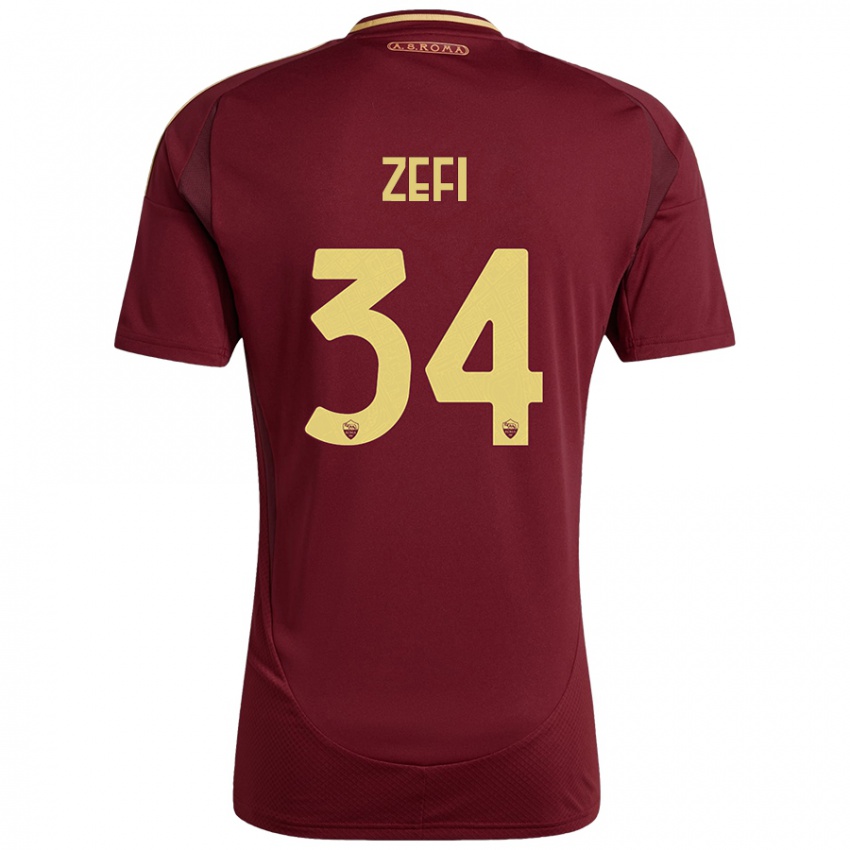 Niño Camiseta Kevin Zefi #34 Rojo Marrón Dorado 1ª Equipación 2024/25 La Camisa Perú