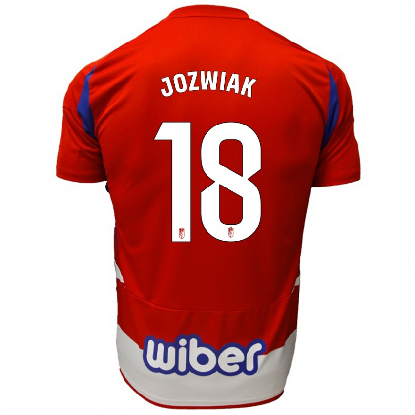 Niño Camiseta Kamil Józwiak #18 Rojo Blanco Azul 1ª Equipación 2024/25 La Camisa Perú