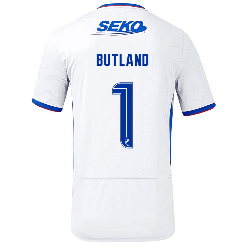 Niño Camiseta Jack Butland #1 Blanco Azul 2ª Equipación 2024/25 La Camisa Perú