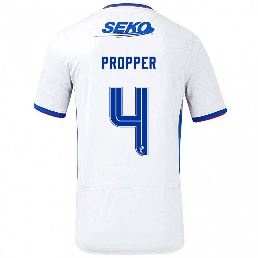 Niño Camiseta Robin Pröpper #4 Blanco Azul 2ª Equipación 2024/25 La Camisa Perú