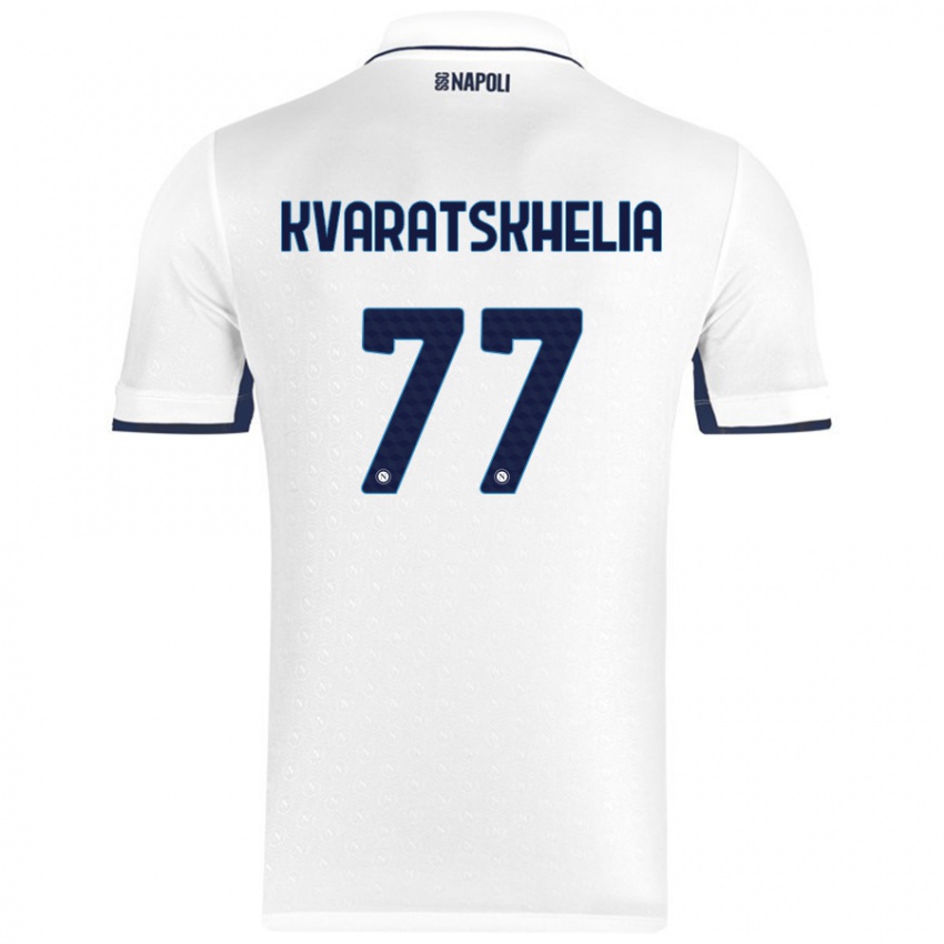 Niño Camiseta Khvicha Kvaratskhelia #77 Blanco Azul Real 2ª Equipación 2024/25 La Camisa Perú