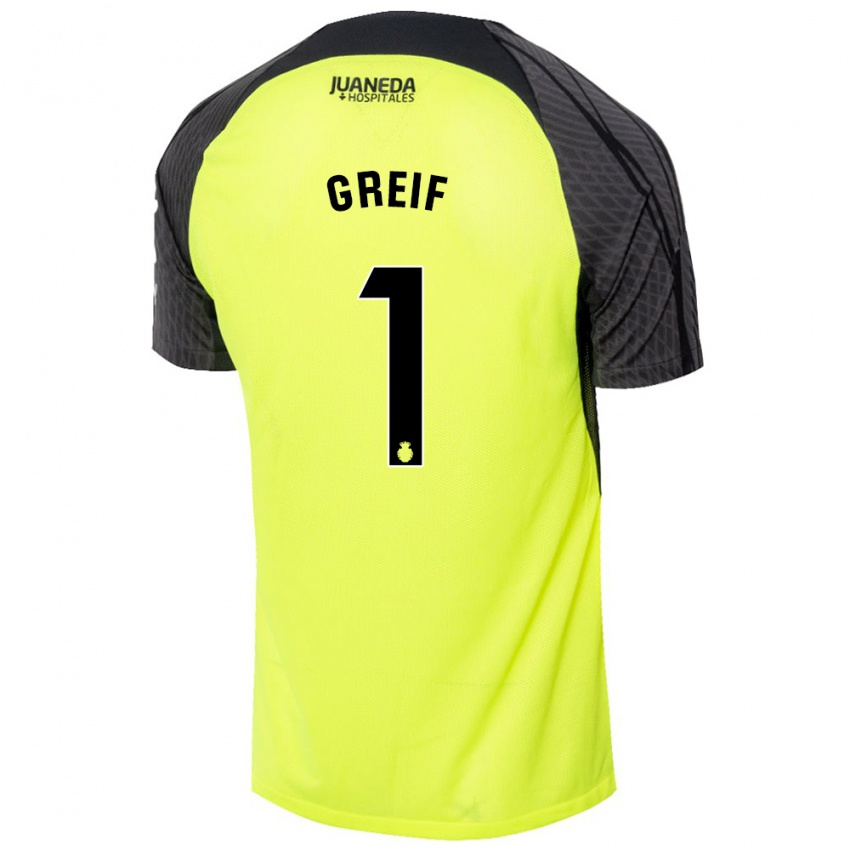 Niño Camiseta Dominik Greif #1 Verde Fluorescente Negro 2ª Equipación 2024/25 La Camisa Perú