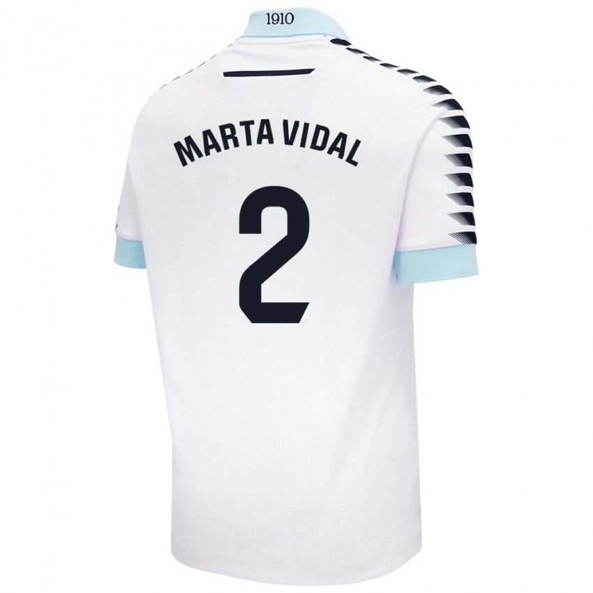 Niño Camiseta Marta Vidal Vela #2 Blanco Azul 2ª Equipación 2024/25 La Camisa Perú