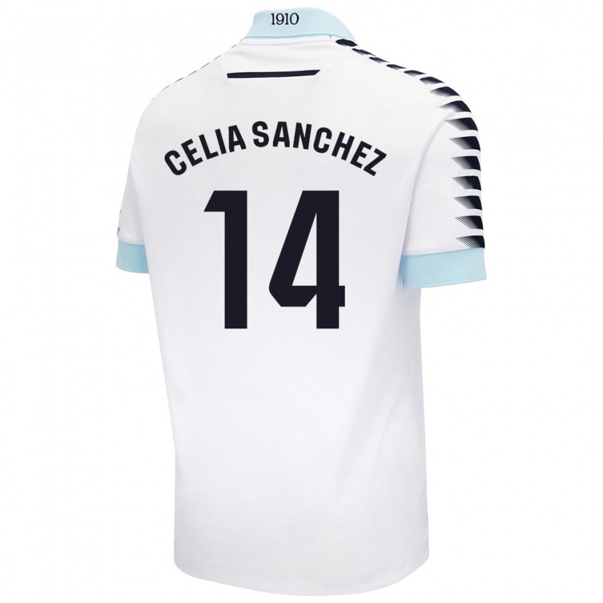 Niño Camiseta Celia Sánchez García #14 Blanco Azul 2ª Equipación 2024/25 La Camisa Perú