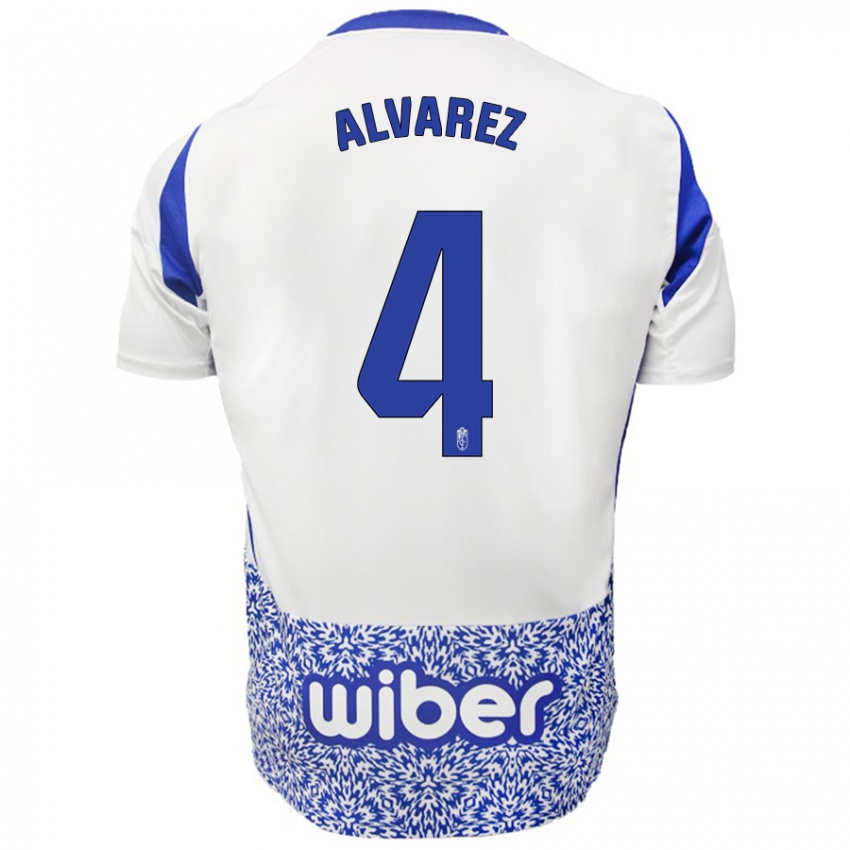 Niño Camiseta Isabel Álvarez #4 Blanco Azul 2ª Equipación 2024/25 La Camisa Perú