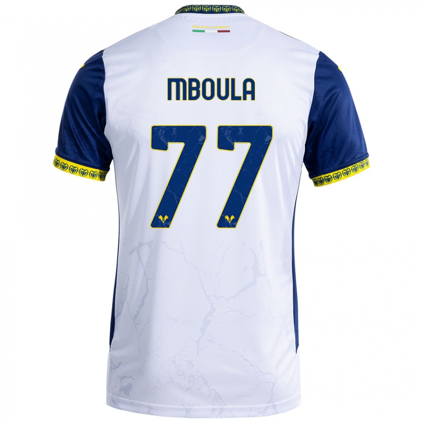 Niño Camiseta Jordi Mboula #77 Blanco Azul 2ª Equipación 2024/25 La Camisa Perú